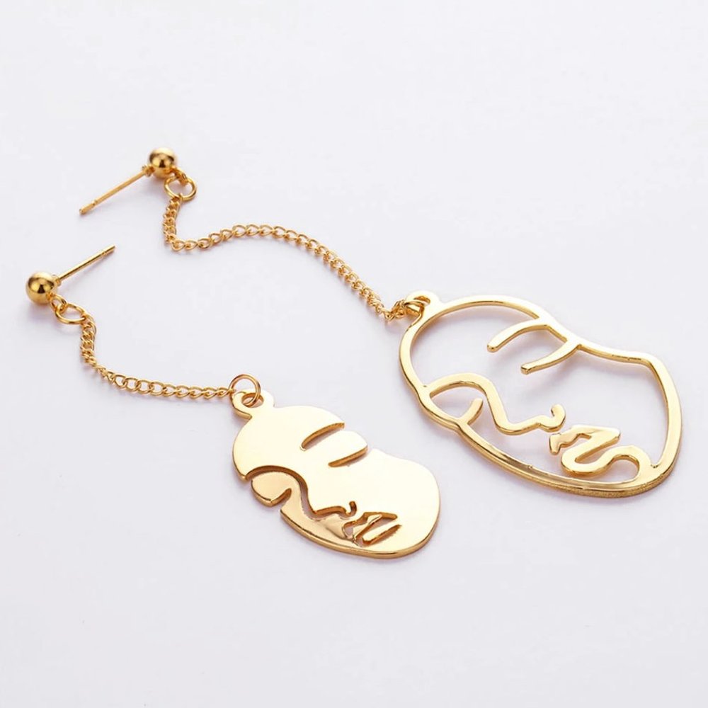 NEW Unique Abstract Hallow Face Asymmetric Stud Chain Drop Dangle Earrings GOLD - Picture 3 of 8